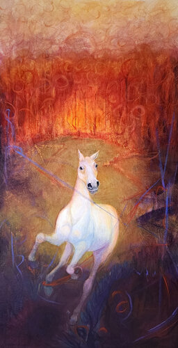 painting of a horse fleeing a fire