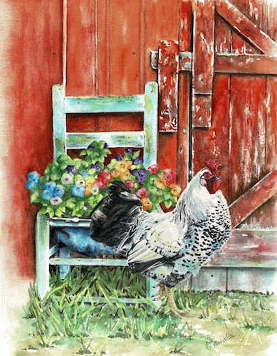 watercolor country scene with old chair