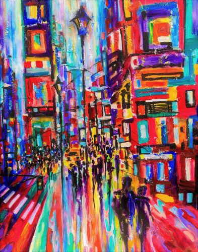 brightly colored new york city scene