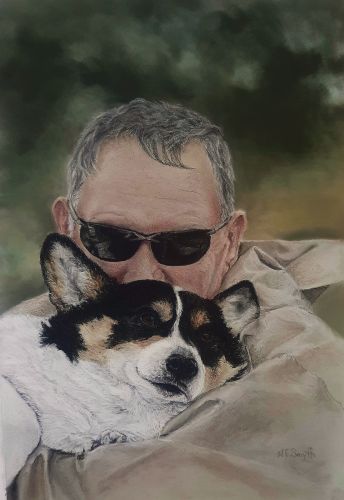 pastel portrait of a man and his dog