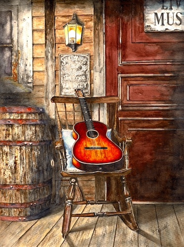 watercolor painting of a guitar on a southern porch