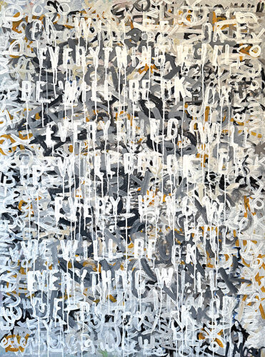 abstract painting with symbolic writing