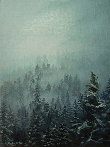 oil painting mist filled forest landscape