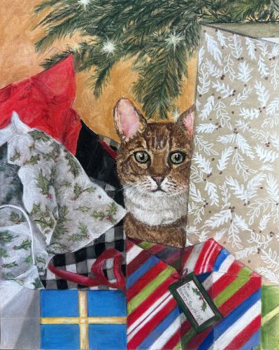 pastel portrait of a cat under the Christmas tree