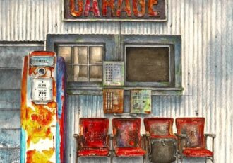 watercolor painting of an old gas station