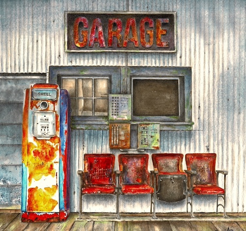watercolor painting of an old gas station