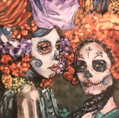 painting of two woman dressed for Day of the Dead