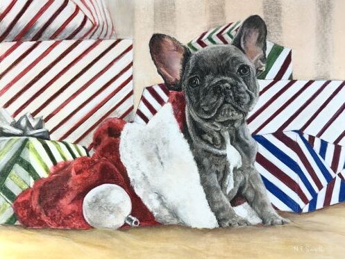 pastel portrait of a puppy at Christmas