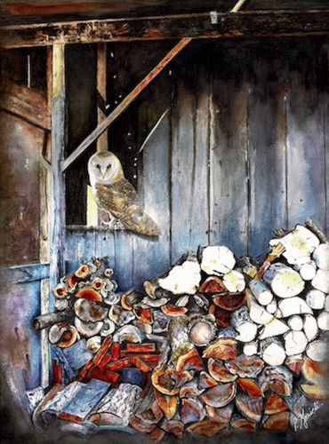 watercolor of an owl in a barn