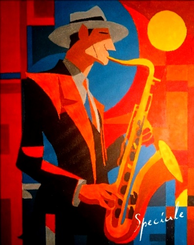 colorful acrylic painting of a sax player