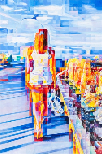pixelated painting of a woman walking