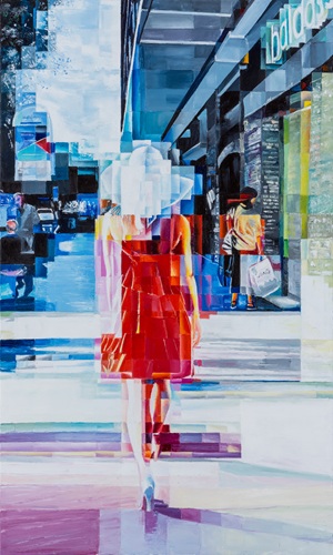 pixel style painting of a woman in the city
