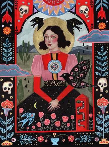 gouache folkloric painting of a woman and nature