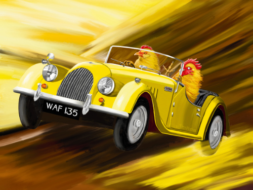 whimsical digital painting of chickens driving a car