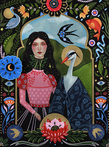 painting of a woman and symbolic nature images