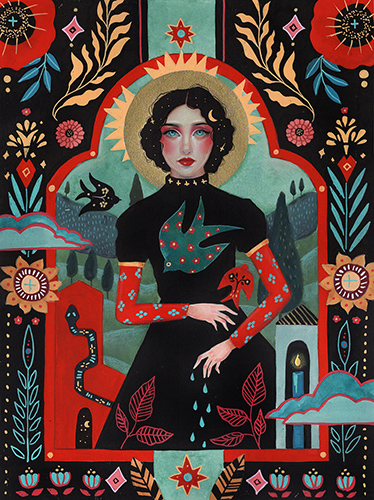 painting of a woman and nature in a folkloric style