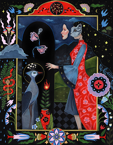 gouache painting of a woman with nature background