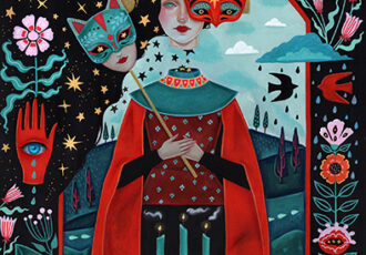 portrait of a woman in a mask in a folklore painting style