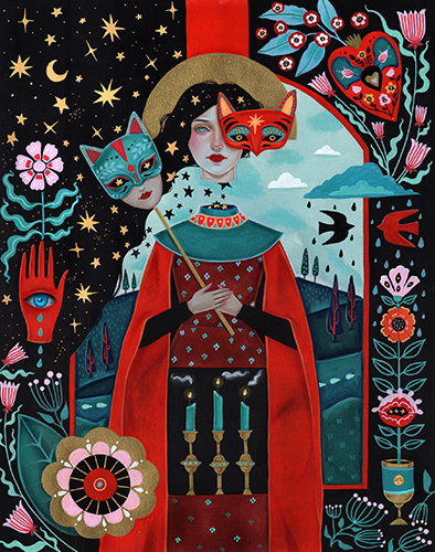 portrait of a woman in a mask in a folklore painting style