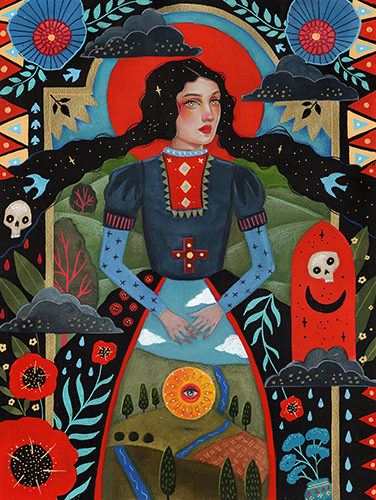 folk art painting of a woman in a background of nature