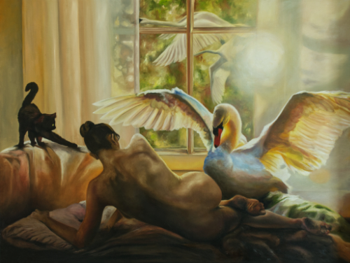 classic oil painting nude woman with swan